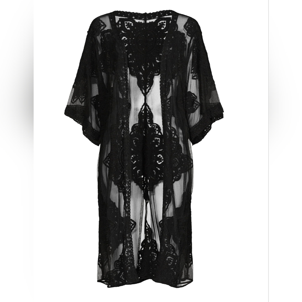 Black Sheer Lace Kimono Sz 2XL 3XL Open Front Cotton Lightweight Summer Boho